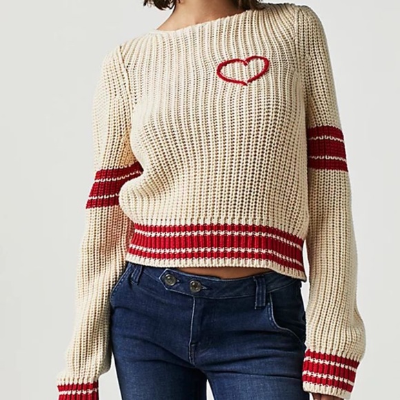 NWOT Free People Out of the Park Heart Pullover Sweater Size XS Z370-34